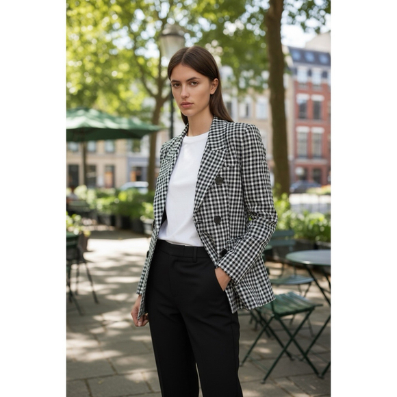 ZARA Black White Gingham Double Breasted Blazer Small Structured Cotton Jacket - Picture 2 of 10